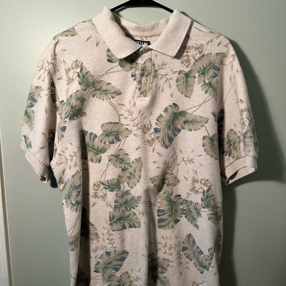 Chaps Cream and Green Polo Shirt with Botanical Print